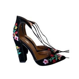 Shoe Republic LA 8 1/2 Floral Embroidered Black Velvet Lace Up Block Heel Pumps
